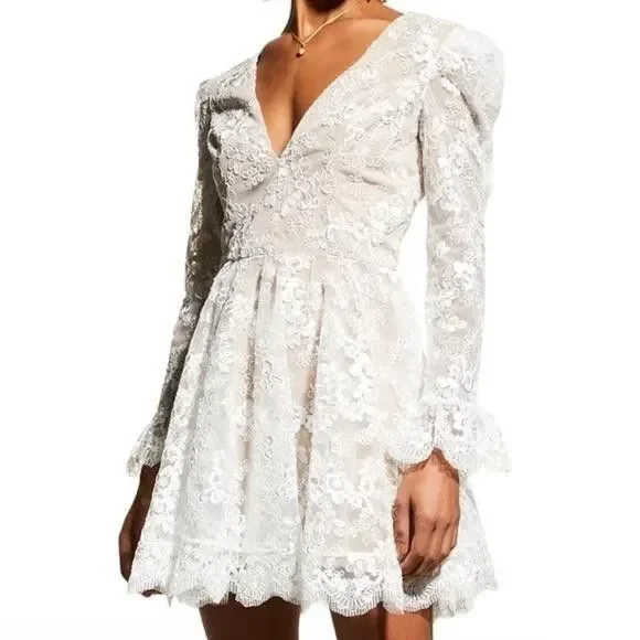 Helsi Dress Womens Medium White Lace Floral Fit Flare Long Sleeve Mini V Neck - Picture 2 of 14